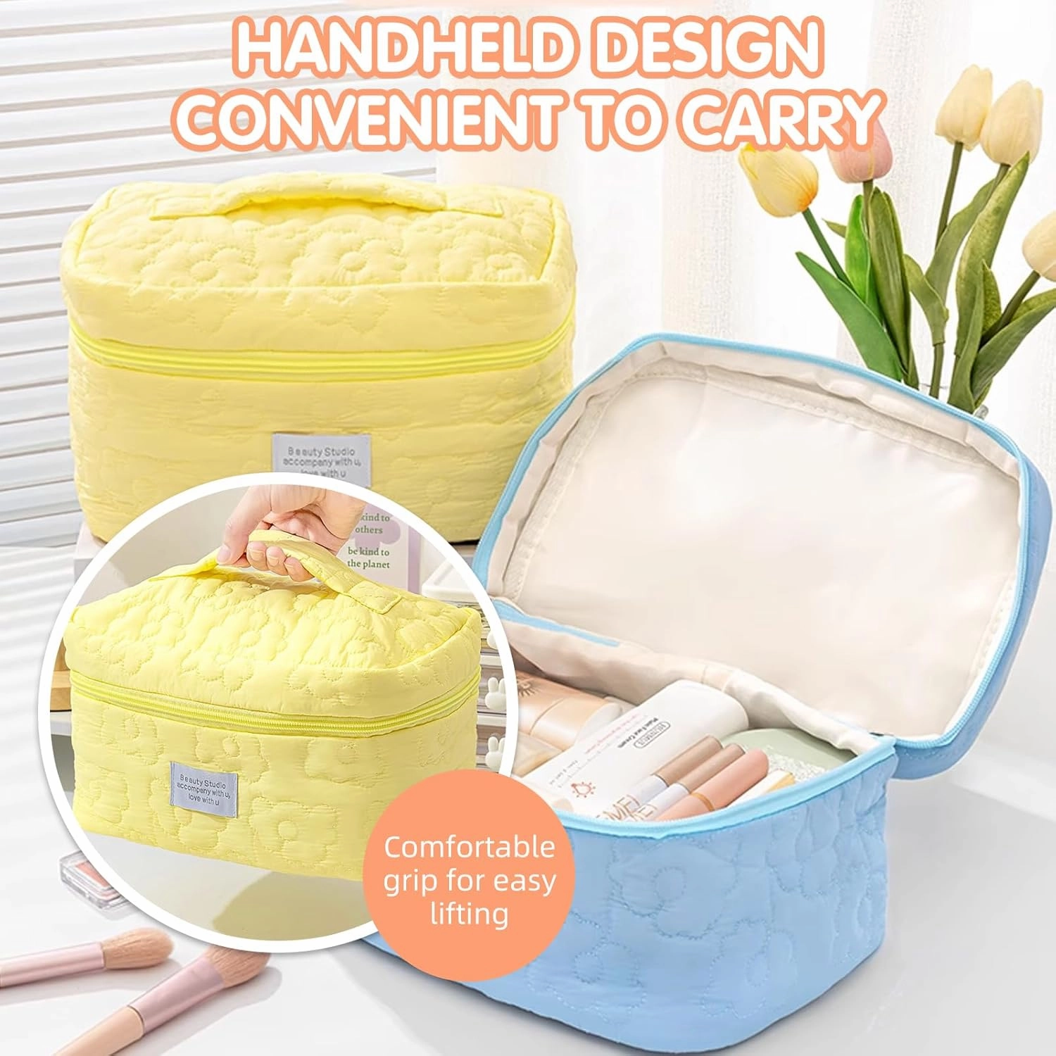 Floral Makeup Case, Cotton Inserts Puffy Quilted Makeup Toiletry Bag, Large Capacity Cosmetic Pouch, Daily Travel Use Skincare Bag with Handles, Multipurpose Organizer Bag (Pink)