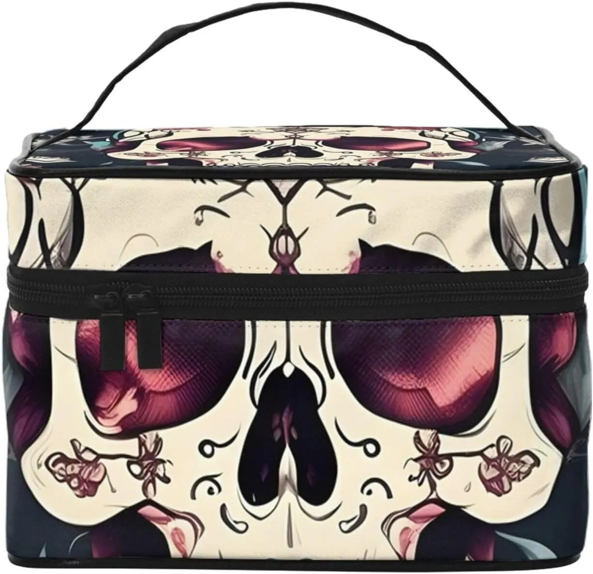 Flowers Skull Ornamental Pattern Print Portable Travel Makeup Case Versatile Zipper for Makeup Bag Large Capacity Polyeste