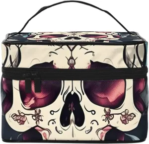 Flowers Skull Ornamental Pattern Print Portable Travel Makeup Case Versatile Zipper for Makeup Bag Large Capacity Polyeste
