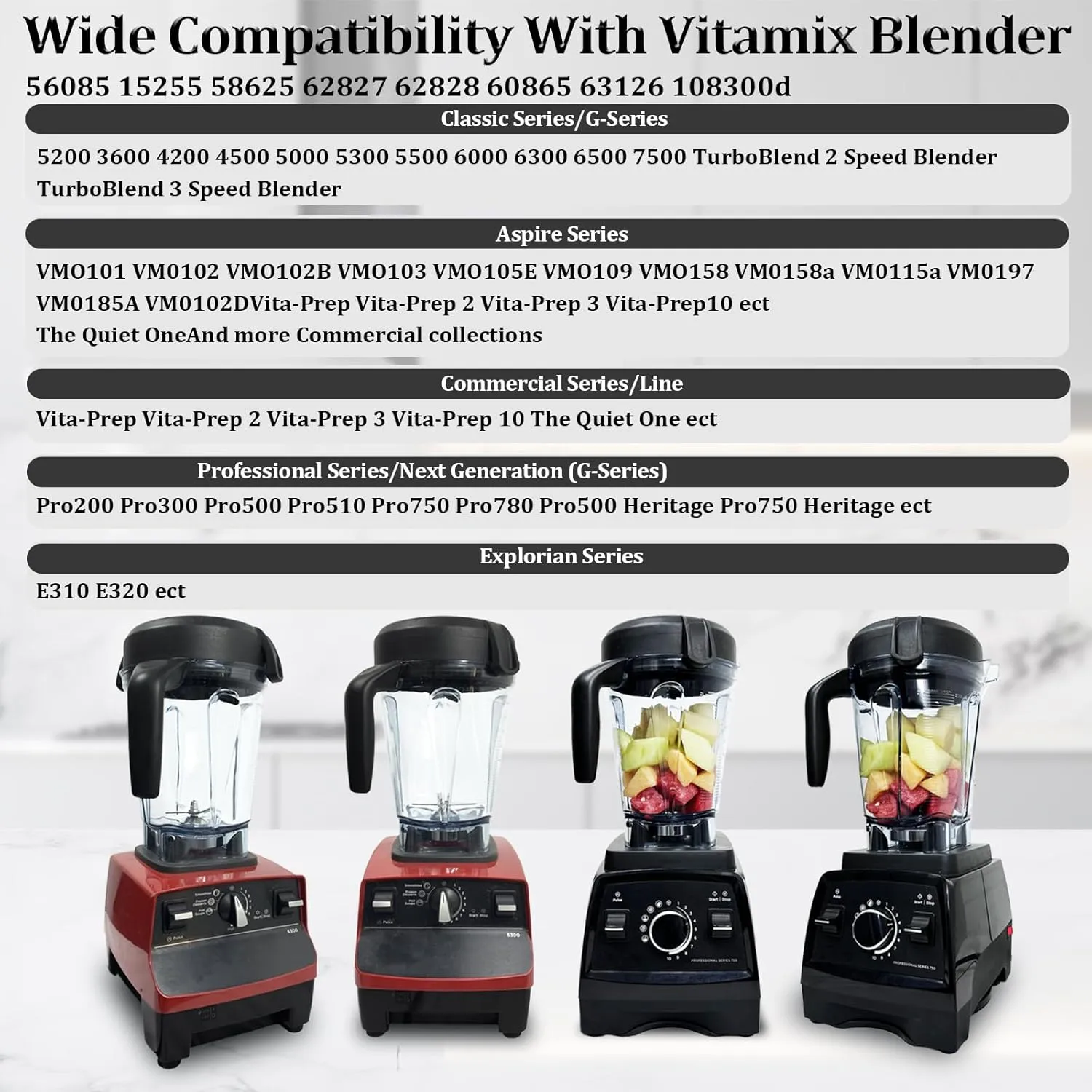 For Vitamix Blender Pitcher 64oz Low-Profile, Replacement Container Cup Jar Compatible with Vitamix 750 5200 5300 5000 6300 7500 Vm0102 Vm0103 Vm0197 E310 G/Classic/Explorian/Commercial series etc