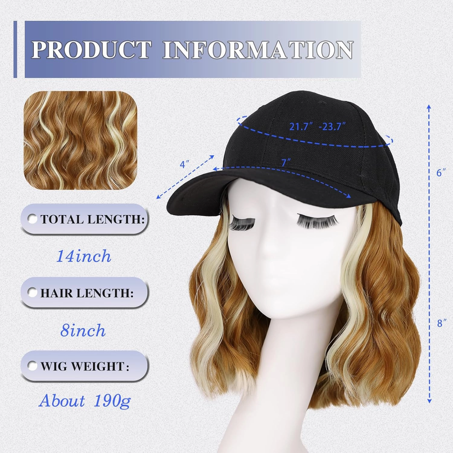 FORCUTEU Hat Wigs for Women Baseball Cap with Hair Extensions Short Wave Synthetic baseball Cap Wig for Women Adjustable Hat with Hair Attached for Daily Use(14inch)