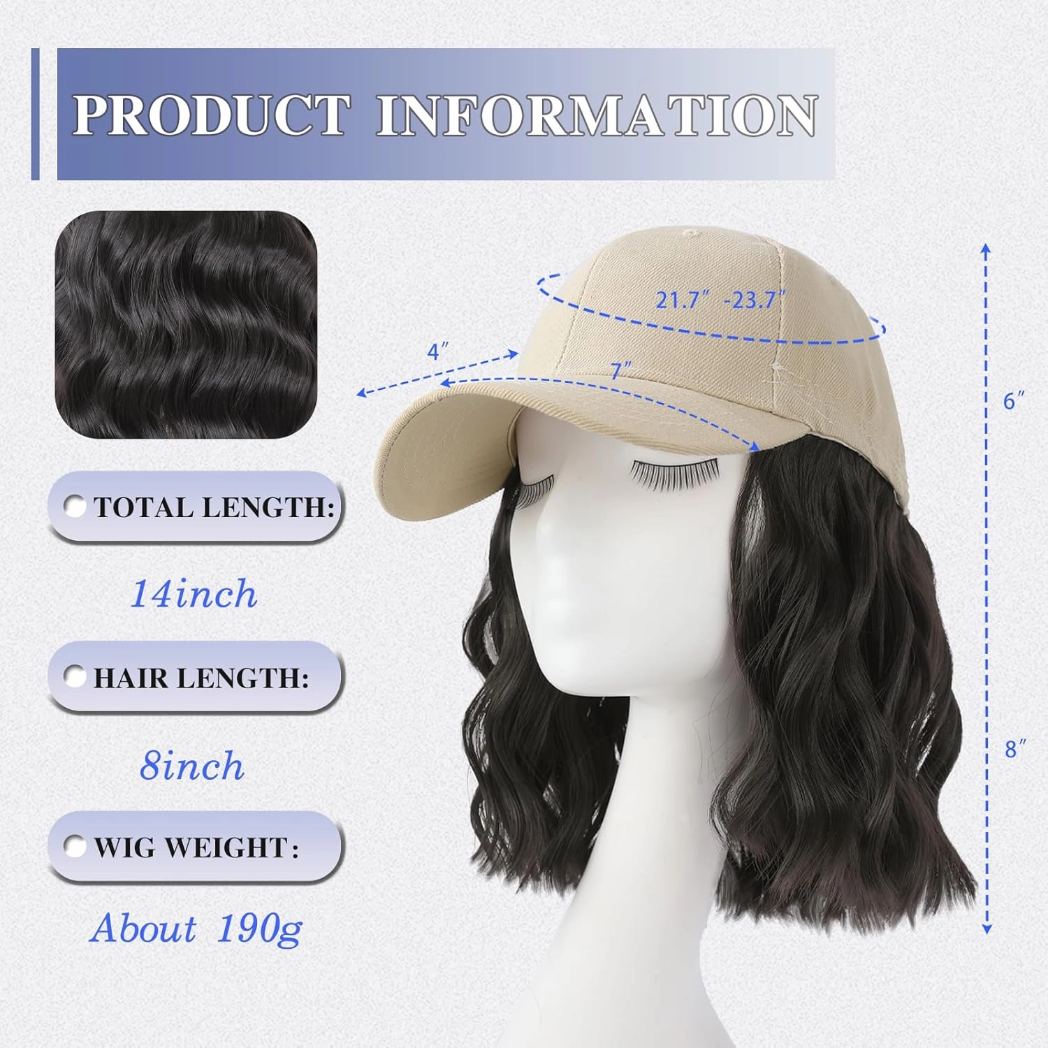 FORCUTEU Hat Wigs for Women Baseball Cap with Hair Extensions Short Wave Synthetic baseball Cap Wig for Women Adjustable Hat with Hair Attached for Daily Use(14inch)