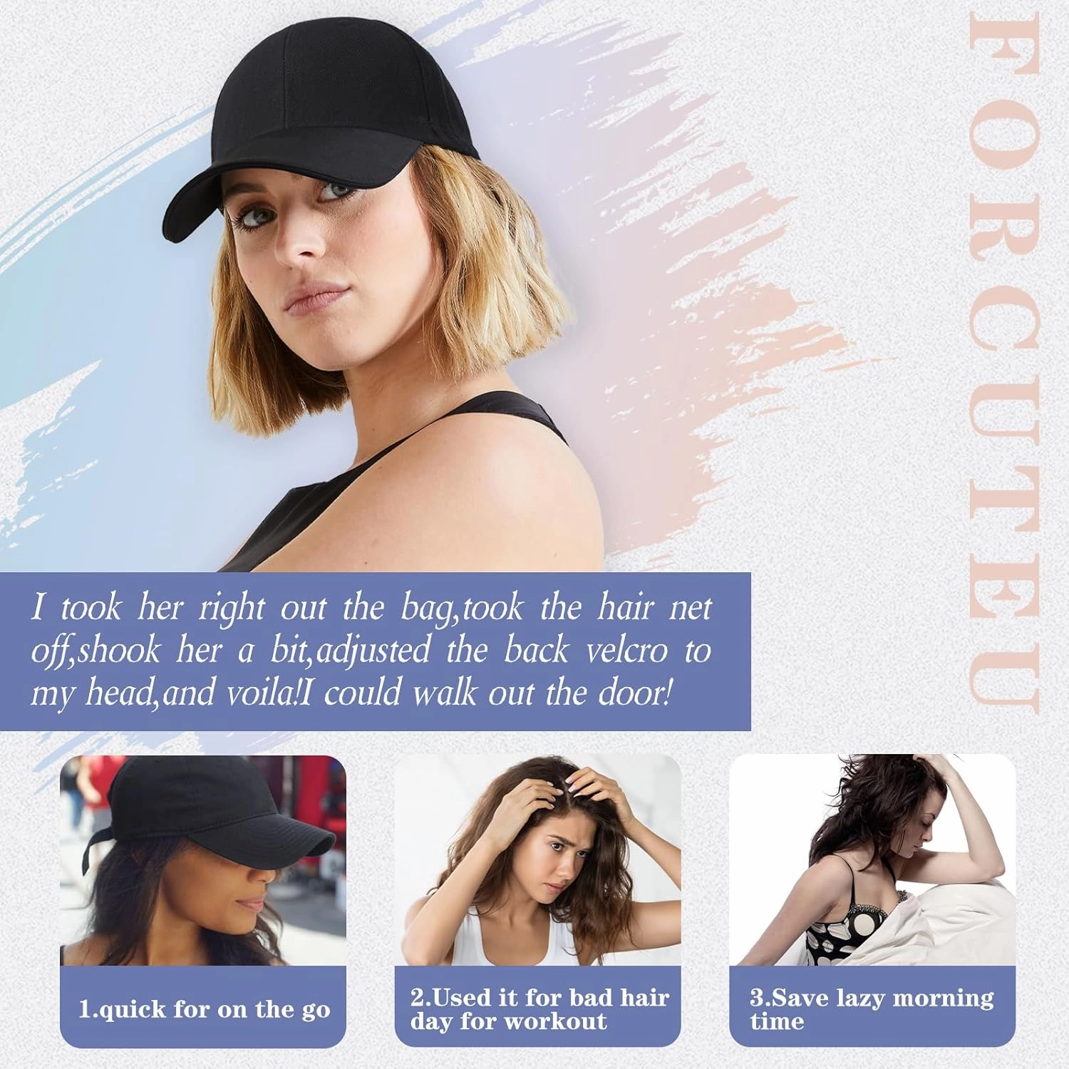 FORCUTEU Hat Wigs for Women Baseball Cap with Hair Extensions Short Wave Synthetic baseball Cap Wig for Women Adjustable Hat with Hair Attached for Daily Use(14inch)