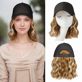 FORCUTEU Hat Wigs for Women Baseball Cap with Hair Extensions Short Wave Synthetic baseball Cap Wig for Women Adjustable Hat with Hair Attached for Daily Use(14inch)