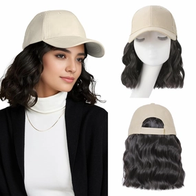 FORCUTEU Hat Wigs for Women Baseball Cap with Hair Extensions Short Wave Synthetic baseball Cap Wig for Women Adjustable Hat with Hair Attached for Daily Use(14inch)