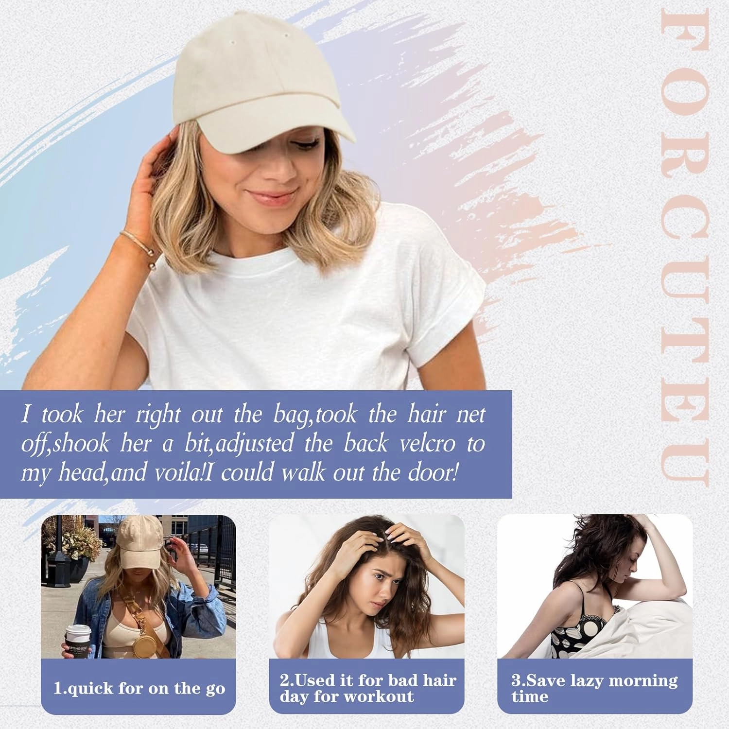FORCUTEU Hat Wigs for Women Baseball Cap with Hair Extensions Short Wave Synthetic baseball Cap Wig for Women Adjustable Hat with Hair Attached for Daily Use(14inch)