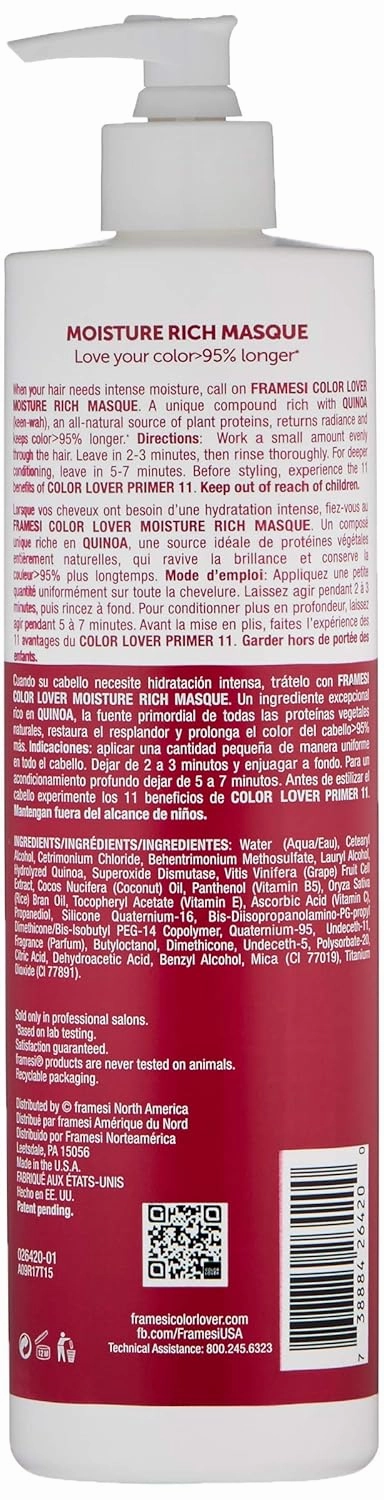 Framesi Color Lover Moisture Rich Masque, Sulfate Free Hair Mask for Color Treated Hair