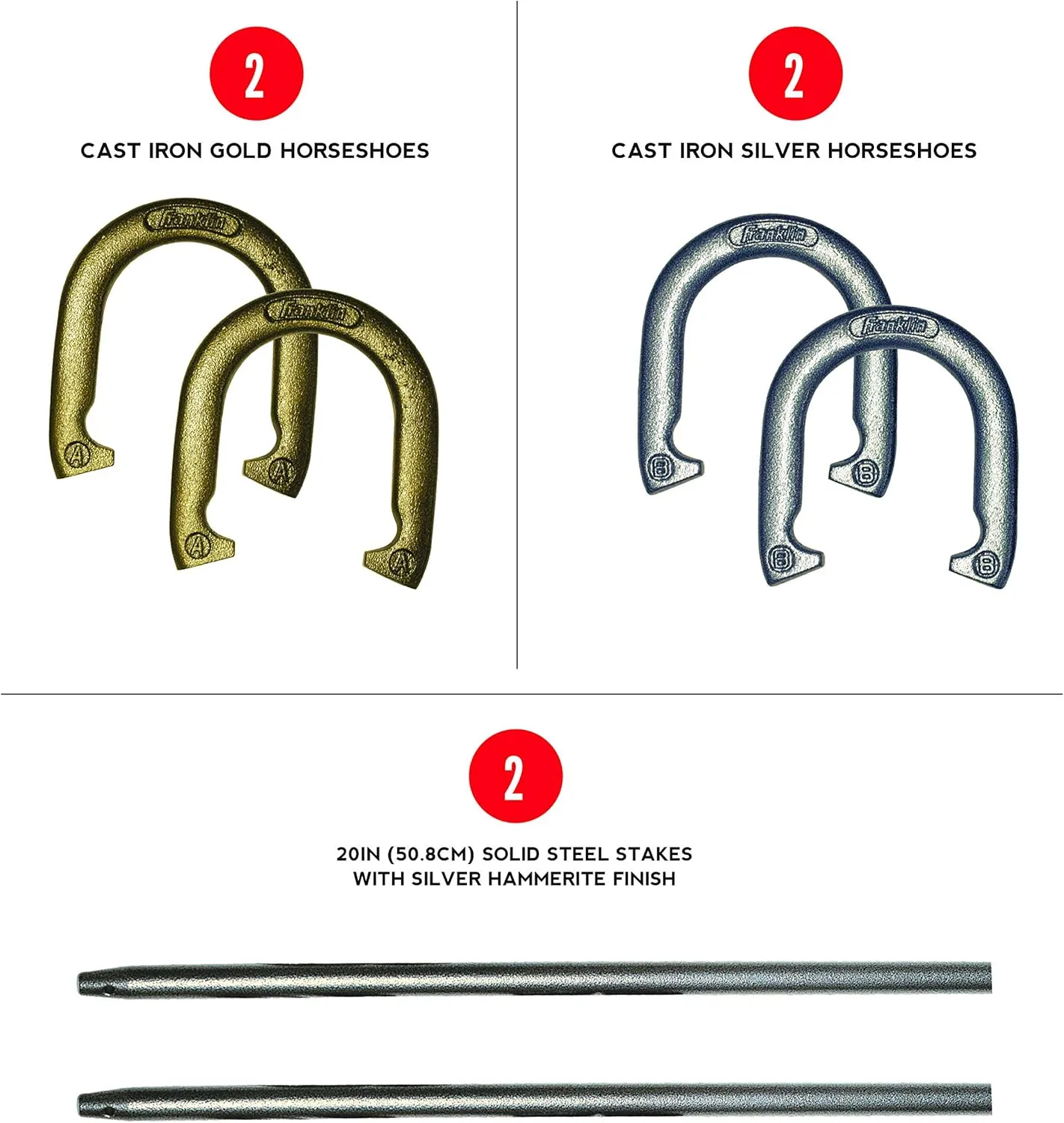 Franklin Sports Horseshoes Sets - Metal Horseshoe Game Sets for Adults   Kids - Official Weight Steel Horseshoes - Beach   Lawn Horseshoes Sets - Sets Include (4) Horseshoes and (2) Ground Stakes