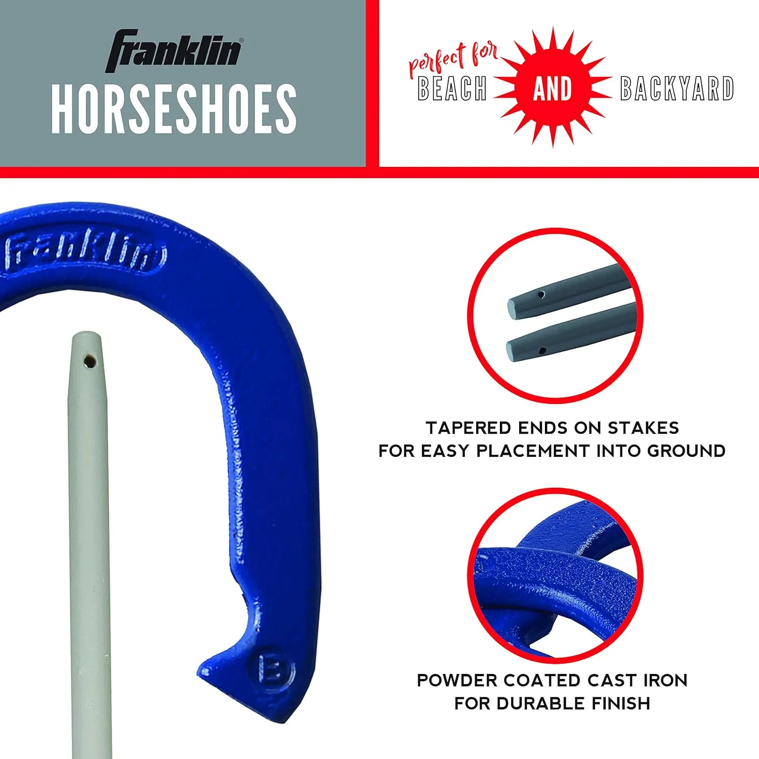 Franklin Sports Horseshoes Sets - Metal Horseshoe Game Sets for Adults   Kids - Official Weight Steel Horseshoes - Beach   Lawn Horseshoes Sets - Sets Include (4) Horseshoes and (2) Ground Stakes