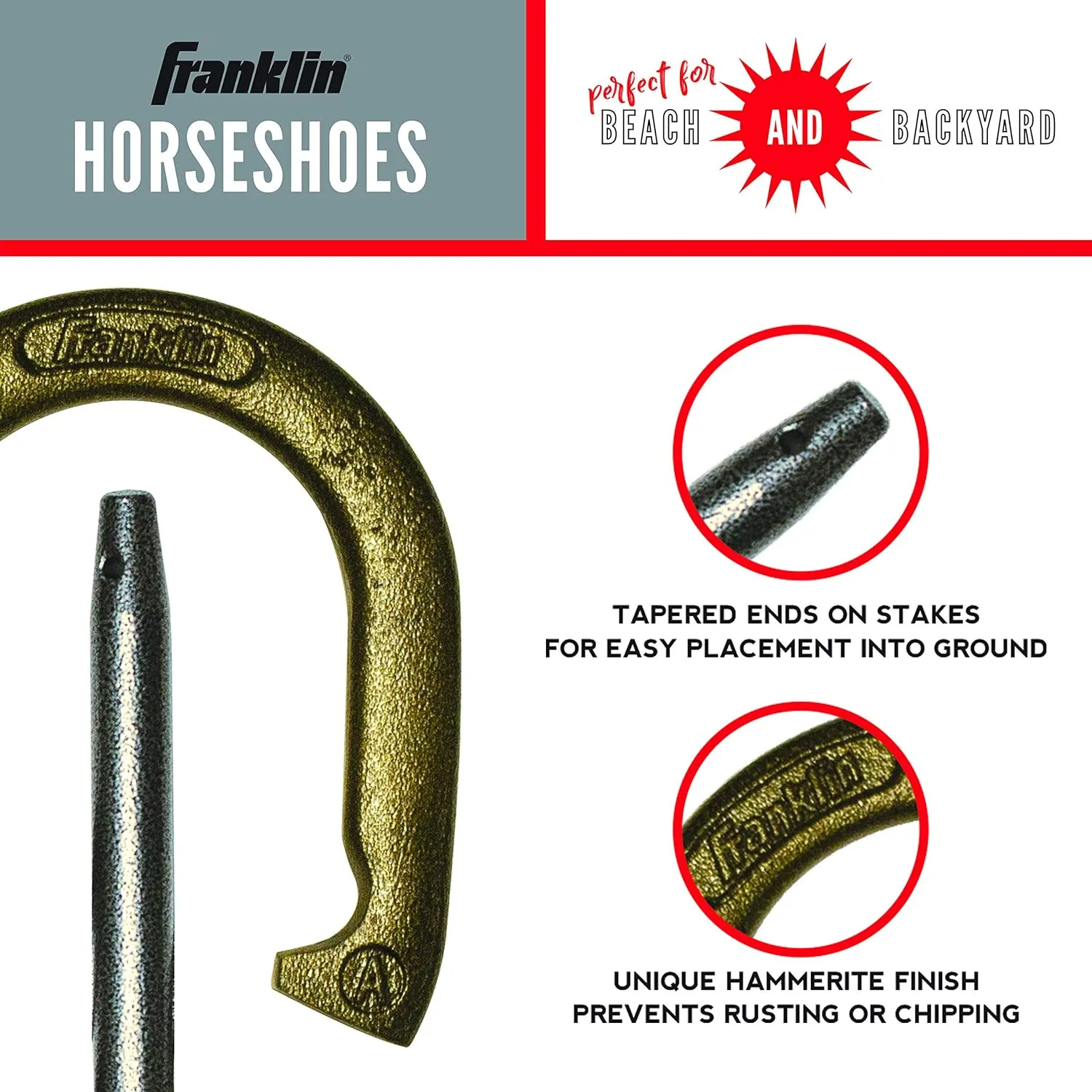 Franklin Sports Horseshoes Sets - Metal Horseshoe Game Sets for Adults   Kids - Official Weight Steel Horseshoes - Beach   Lawn Horseshoes Sets - Sets Include (4) Horseshoes and (2) Ground Stakes