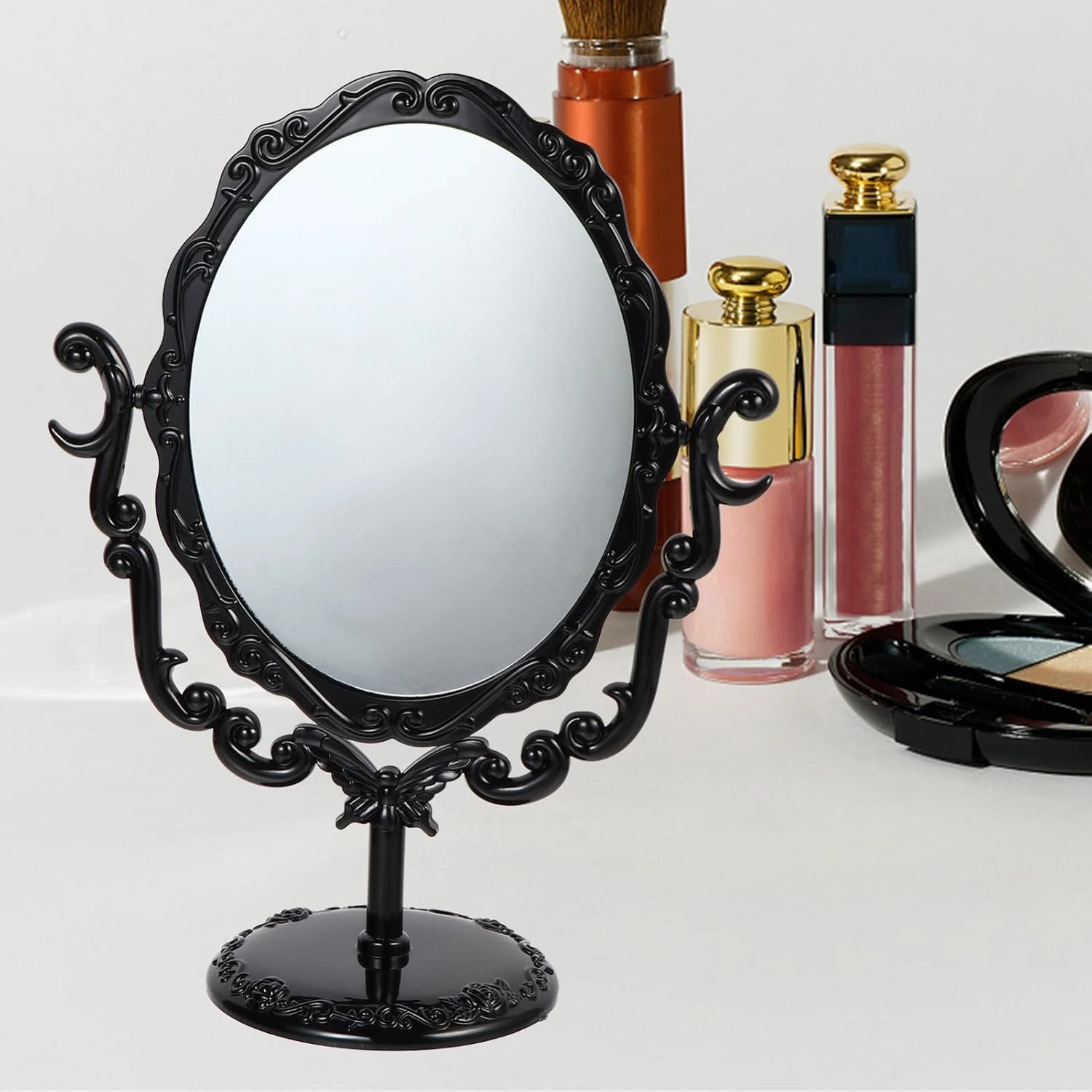 FRCOLOR 1pc Shaving Mirror, Home Household Stand Retro Bathroom Bedroom ° Room Rotary Makeup Dressing Oval Side Swivel Mini Barber Elegant Rotating Desk Magnification