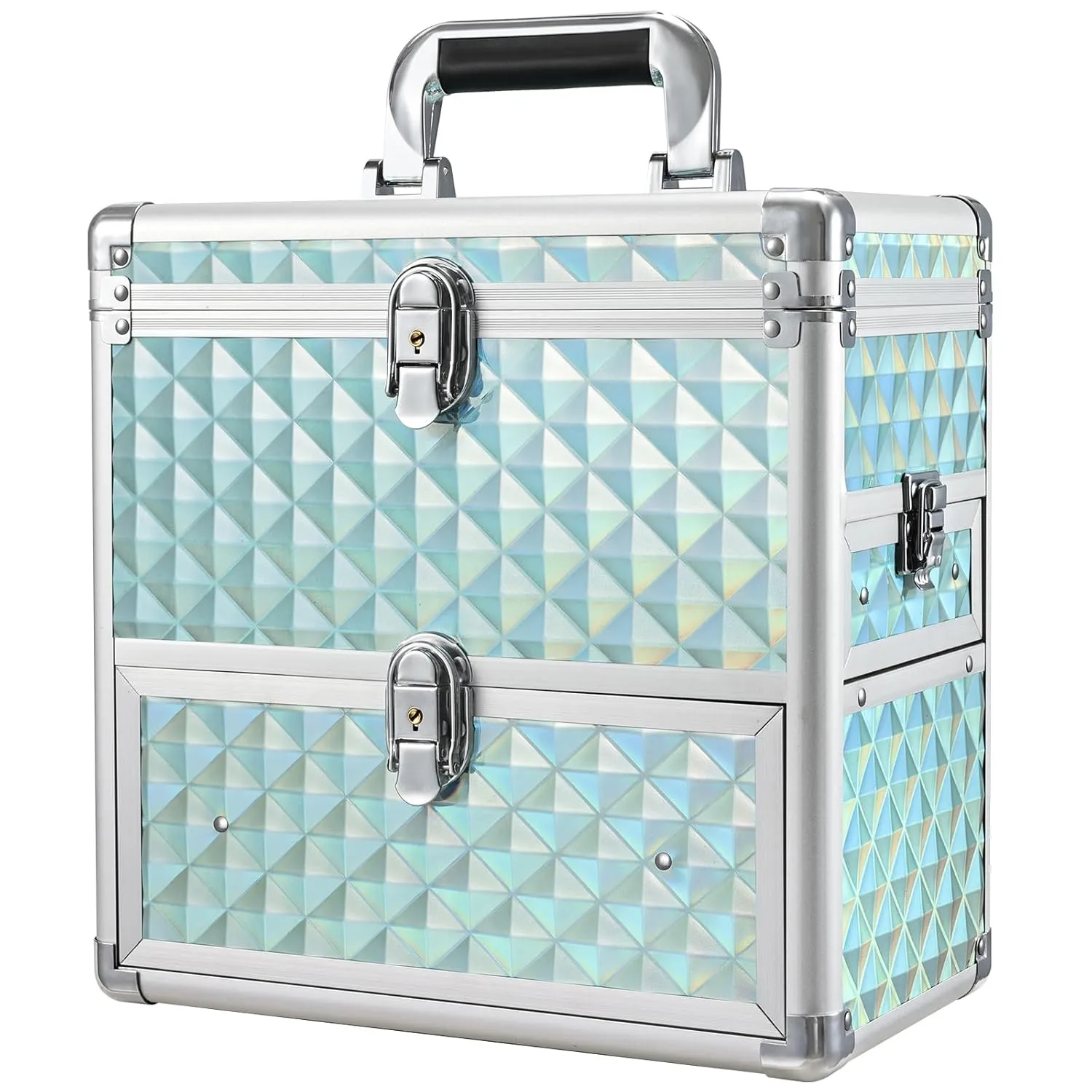 FRENESSA Extra Large Makeup Organizer with Drawer, Mirror, Dividers, Travel Nail Art Case - Watery Blue