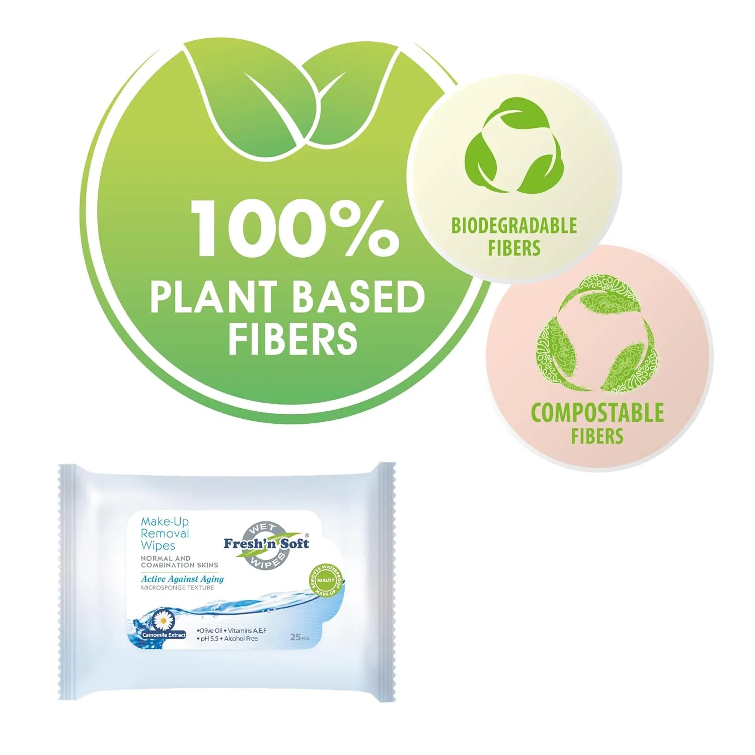 Fresh'n Soft Waterproof Make-Up Removal Wipes for Normal & Combination Skins, Macadamia Nut Oil, Chamomile Extract, and Vitamin E (25 Count (Pack of 5), Comomile Extract)