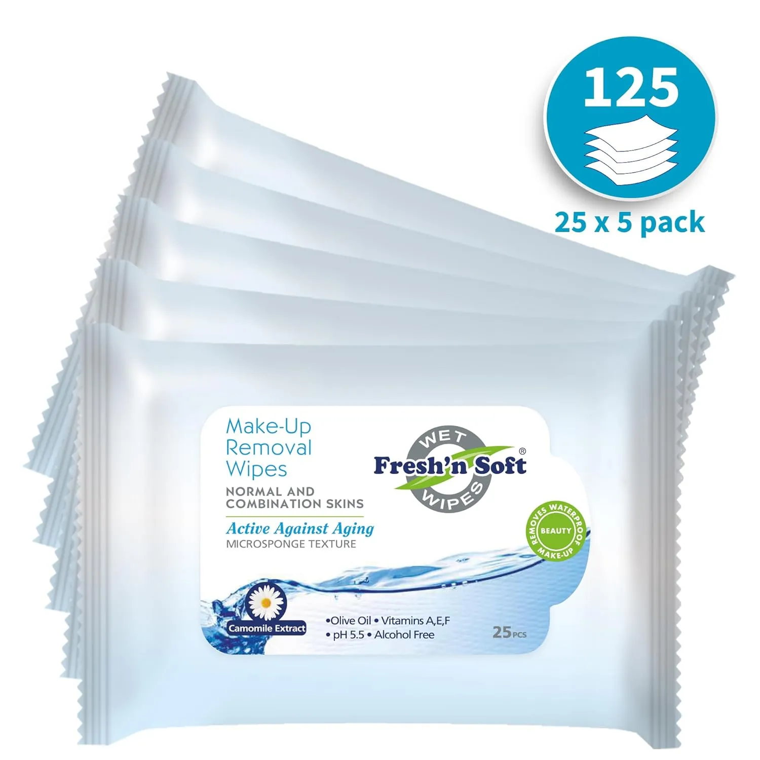 Fresh'n Soft Waterproof Make-Up Removal Wipes for Normal & Combination Skins, Macadamia Nut Oil, Chamomile Extract, and Vitamin E (25 Count (Pack of 5), Comomile Extract)