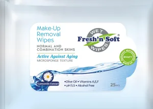 Fresh'n Soft Waterproof Make-Up Removal Wipes for Normal & Combination Skins, Macadamia Nut Oil, Chamomile Extract, and Vitamin E (25 Count (Pack of 5), Comomile Extract)