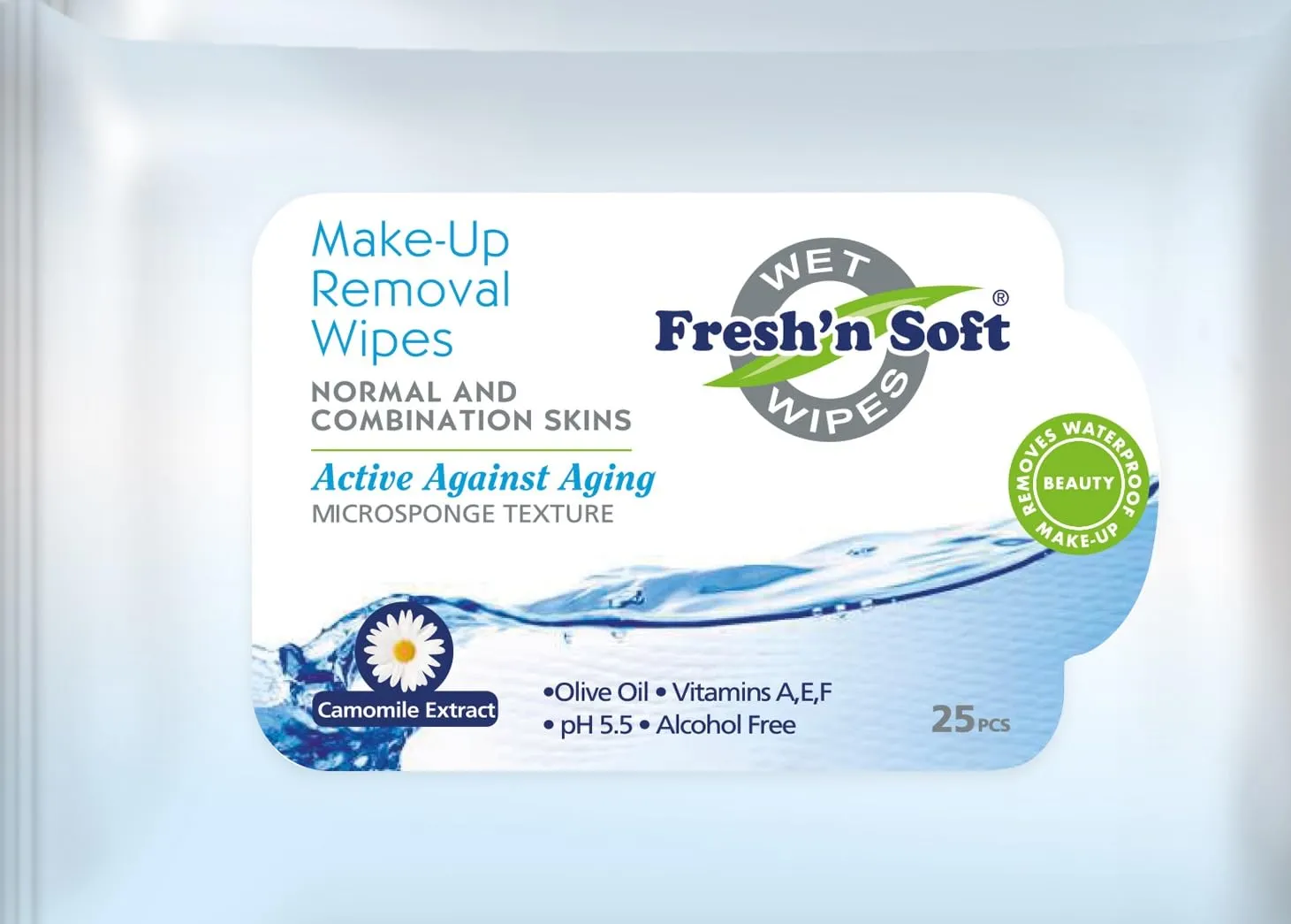 Fresh'n Soft Waterproof Make-Up Removal Wipes for Normal & Combination Skins, Macadamia Nut Oil, Chamomile Extract, and Vitamin E (25 Count (Pack of 5), Comomile Extract)