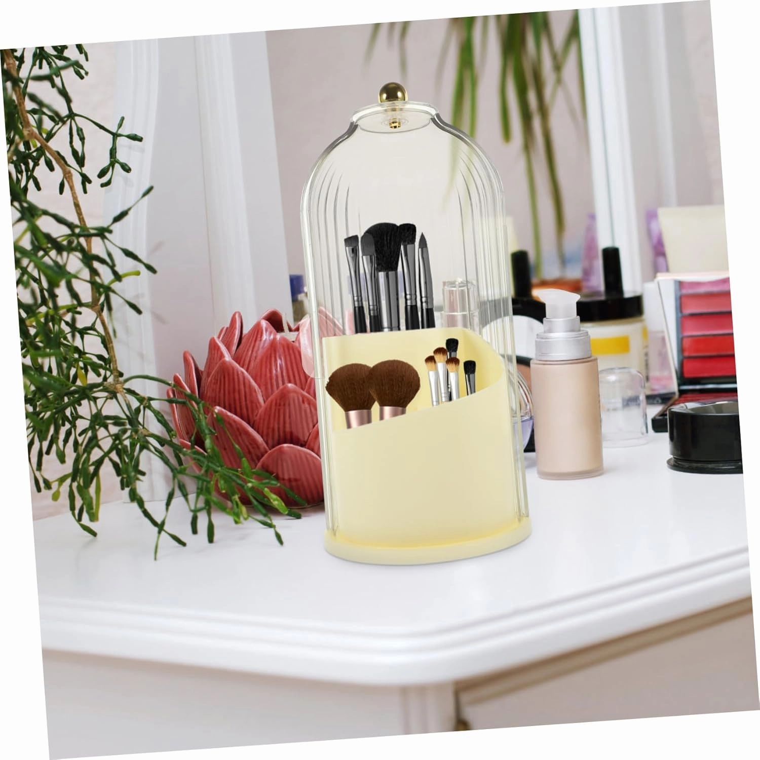 Garneck Makeup Brush Holder with Lid Rotating Clear Organizer for Desktop Dustproof Storage for Brushes and Pens Smooth Surface Stylish Design for Tidy Vanity Setup for Home and Office