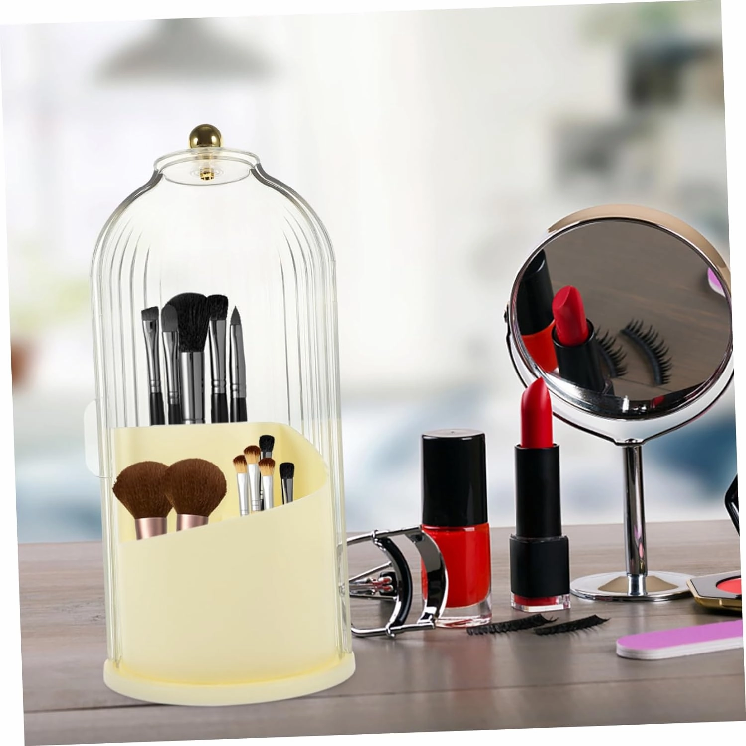 Garneck Makeup Brush Holder with Lid Rotating Clear Organizer for Desktop Dustproof Storage for Brushes and Pens Smooth Surface Stylish Design for Tidy Vanity Setup for Home and Office