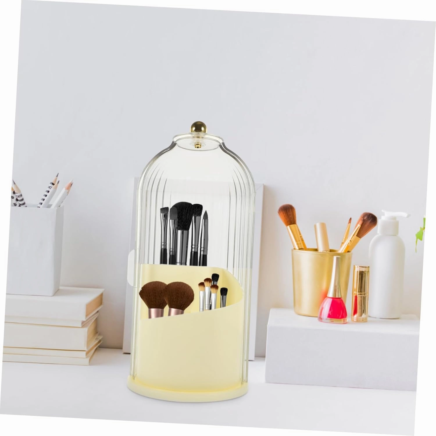 Garneck Makeup Brush Holder with Lid Rotating Clear Organizer for Desktop Dustproof Storage for Brushes and Pens Smooth Surface Stylish Design for Tidy Vanity Setup for Home and Office