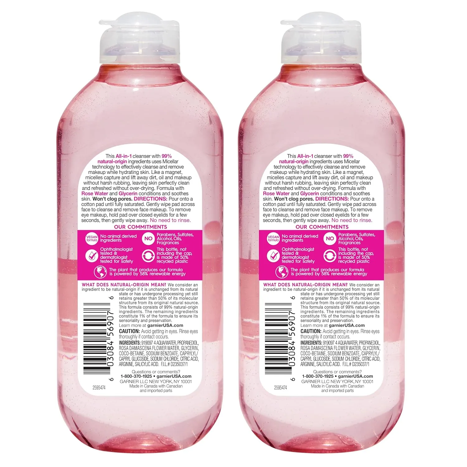 Garnier Micellar Water with Rose Water and Glycerin, Hydrating Facial Cleanser & Makeup Remover, For All Skin Types, Vegan, Cruelty Free, 13.5 Fl Oz (400mL), 2 Count