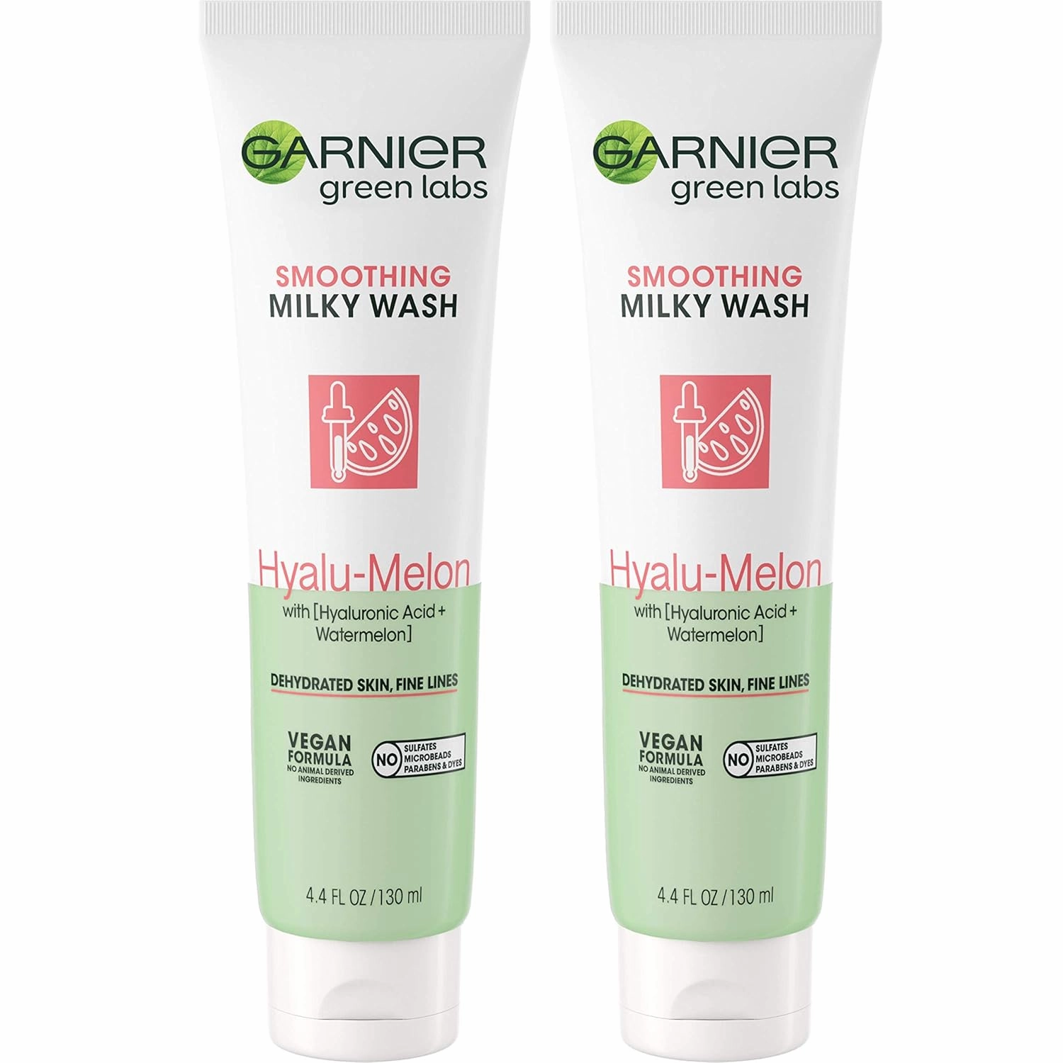 Garnier SkinActive Green Labs Hyalu-Melon Smoothing Milky Washable Cleanser with Hyaluronic Acid   Watermelon for Dehydrated Skin, Fine Lines, 2 Count (Packaging May Vary)