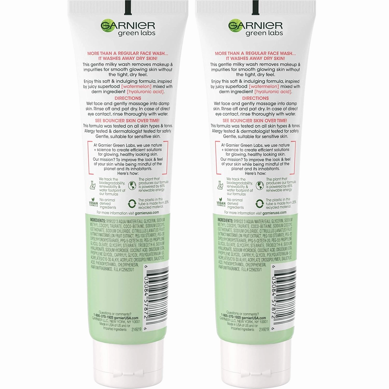 Garnier SkinActive Green Labs Hyalu-Melon Smoothing Milky Washable Cleanser with Hyaluronic Acid   Watermelon for Dehydrated Skin, Fine Lines, 2 Count (Packaging May Vary)