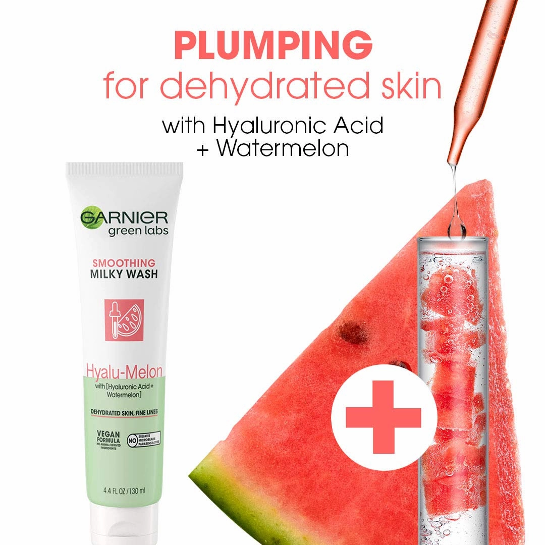 Garnier SkinActive Green Labs Hyalu-Melon Smoothing Milky Washable Cleanser with Hyaluronic Acid   Watermelon for Dehydrated Skin, Fine Lines, 2 Count (Packaging May Vary)