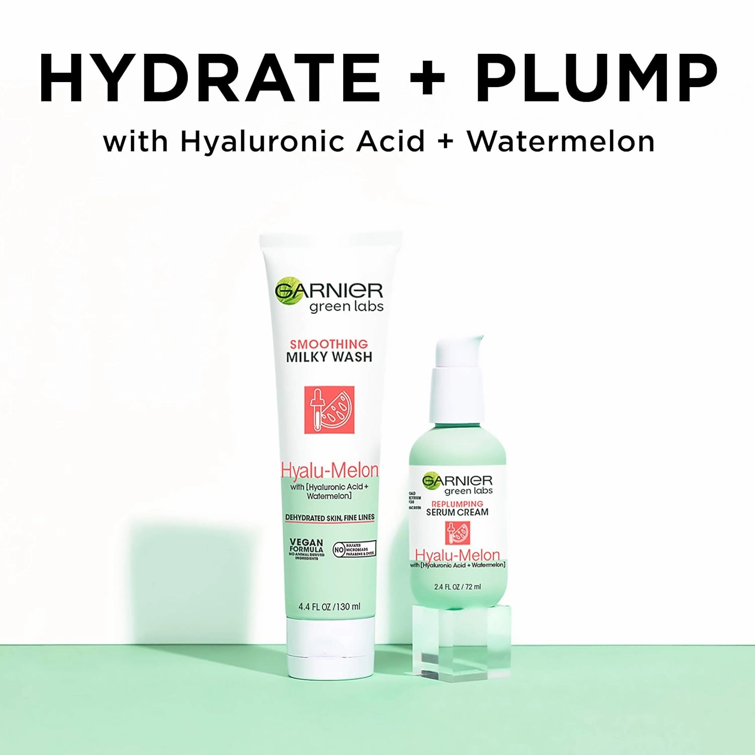 Garnier SkinActive Green Labs Hyalu-Melon Smoothing Milky Washable Cleanser with Hyaluronic Acid   Watermelon for Dehydrated Skin, Fine Lines, 2 Count (Packaging May Vary)