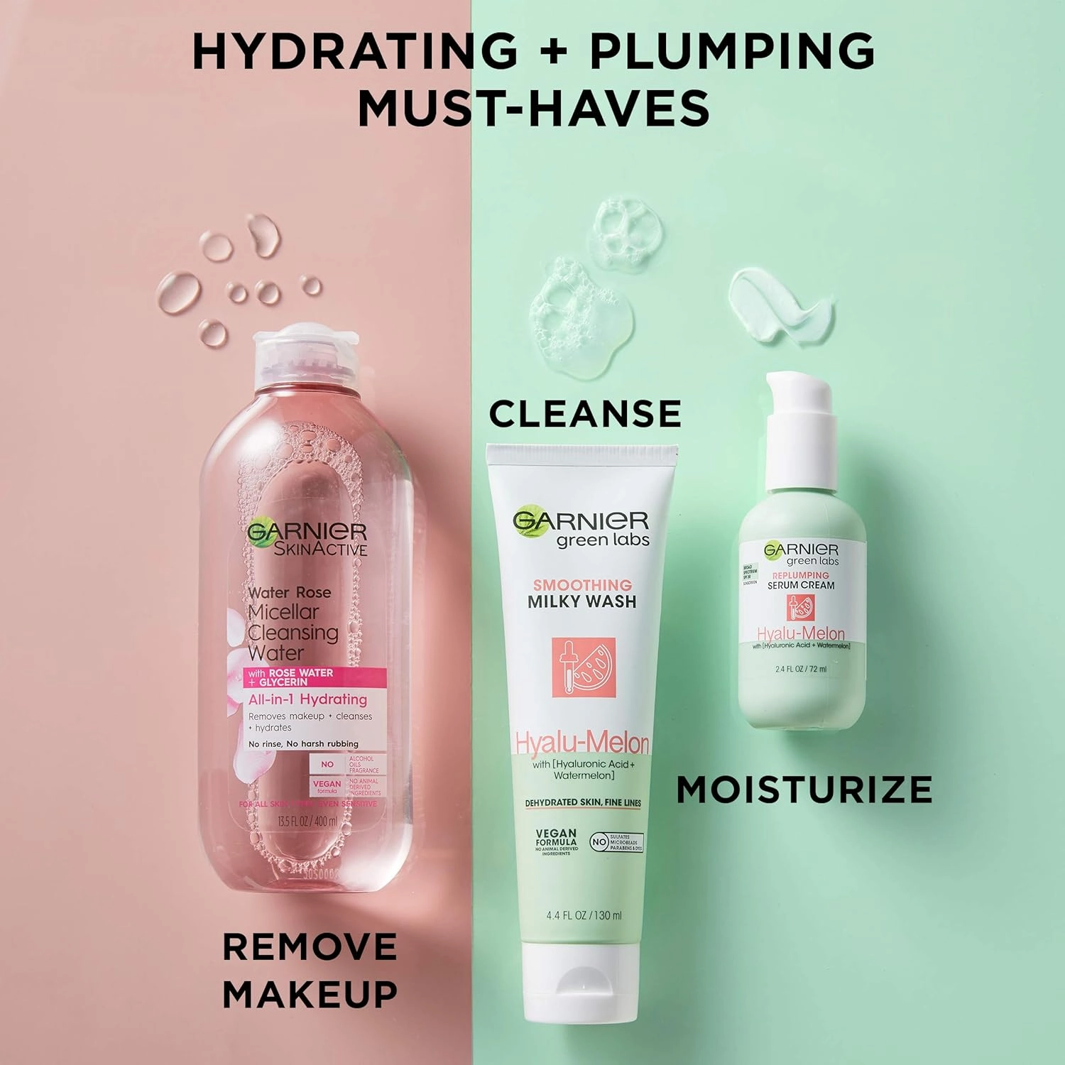 Garnier SkinActive Green Labs Hyalu-Melon Smoothing Milky Washable Cleanser with Hyaluronic Acid   Watermelon for Dehydrated Skin, Fine Lines, 2 Count (Packaging May Vary)