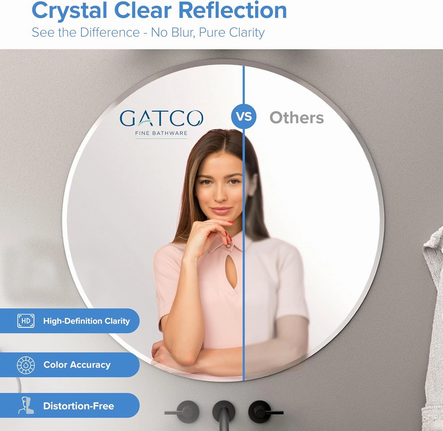 Gatco 1806 Bathroom Wall Mirror, 25 inch Modern Mirror for Living Room, Vanity, Slim Design Beveled Frameless Round Mirror - Easy Mount Safety Bracket