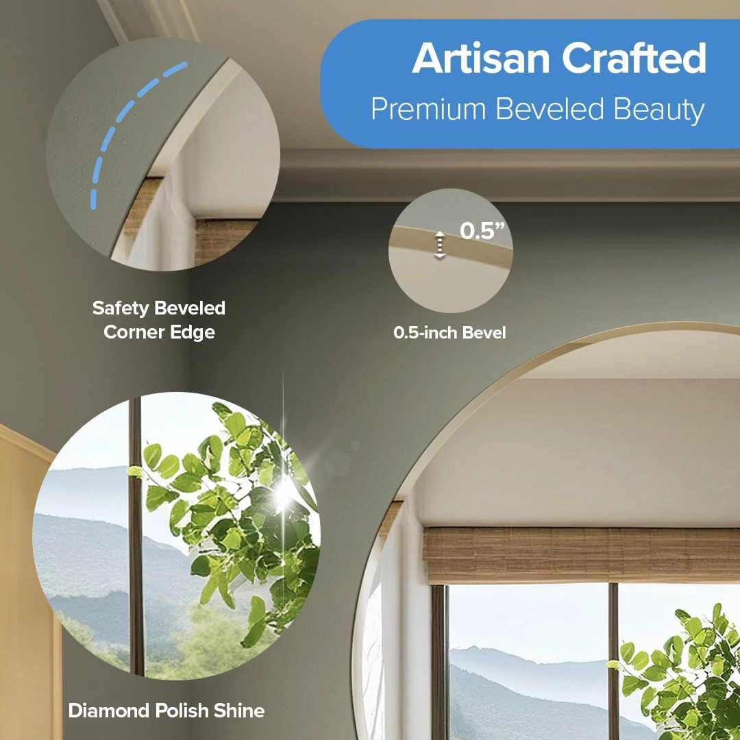 Gatco 1806 Bathroom Wall Mirror, 25 inch Modern Mirror for Living Room, Vanity, Slim Design Beveled Frameless Round Mirror - Easy Mount Safety Bracket