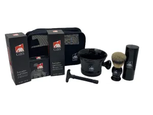 G.B.S Men's set Black Adjustable Safety Razor, Shower Gel Black Ceramic Mug, Lavender Aftershave, Shower Gel, and Shave Soap, Synthetic Brush with Travel Cannister and Mesh Travel Bag.