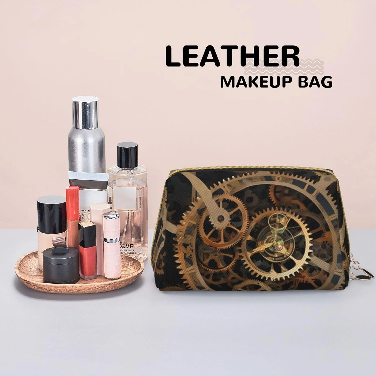Gears Clock Bronze Toiletry Pouch, Travel-Friendly Makeup Organizer For Makeup Brushes, Lipsticks