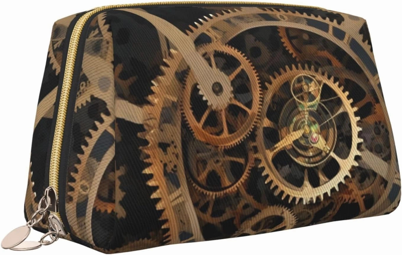 Gears Clock Bronze Toiletry Pouch, Travel-Friendly Makeup Organizer For Makeup Brushes, Lipsticks