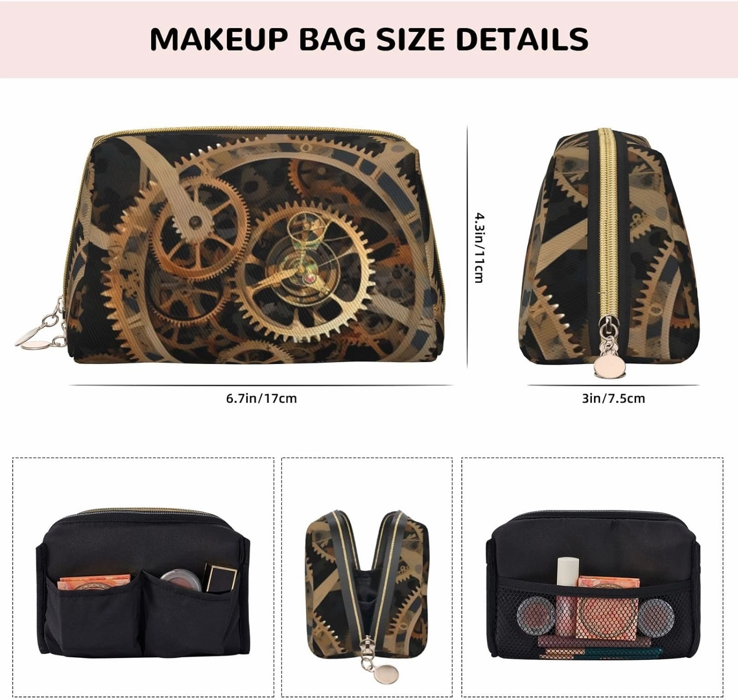 Gears Clock Bronze Toiletry Pouch, Travel-Friendly Makeup Organizer For Makeup Brushes, Lipsticks