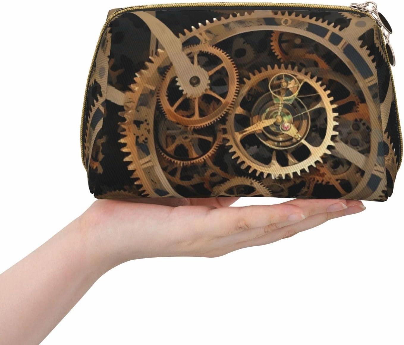 Gears Clock Bronze Toiletry Pouch, Travel-Friendly Makeup Organizer For Makeup Brushes, Lipsticks