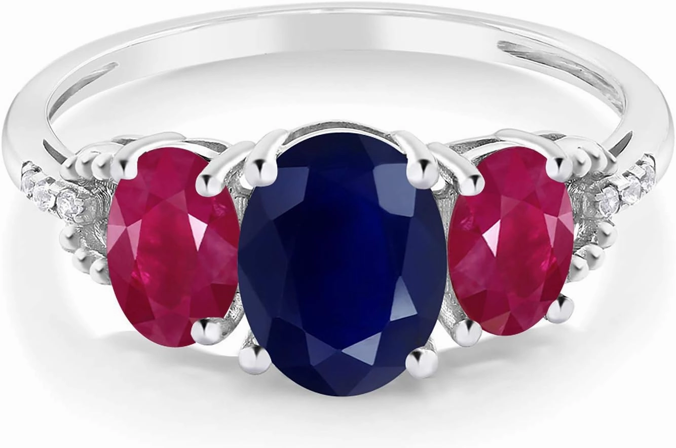 Gem Stone King 10K White Gold Oval 8X6MM Blue Sapphire 6X4MM Red Ruby and Diamond Accent 3-Stone Engagement Ring | 3.04 Cttw | 3 Stone Wedding Anniversary Promise Ring For Women