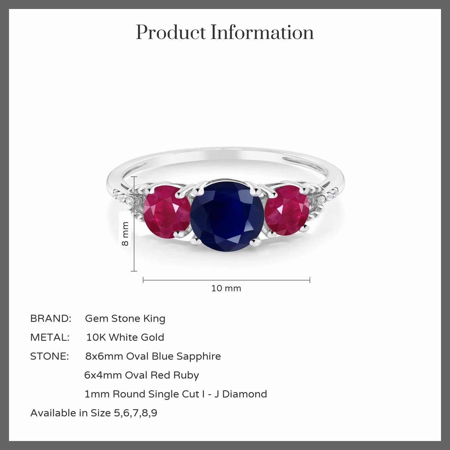 Gem Stone King 10K White Gold Oval 8X6MM Blue Sapphire 6X4MM Red Ruby and Diamond Accent 3-Stone Engagement Ring | 3.04 Cttw | 3 Stone Wedding Anniversary Promise Ring For Women