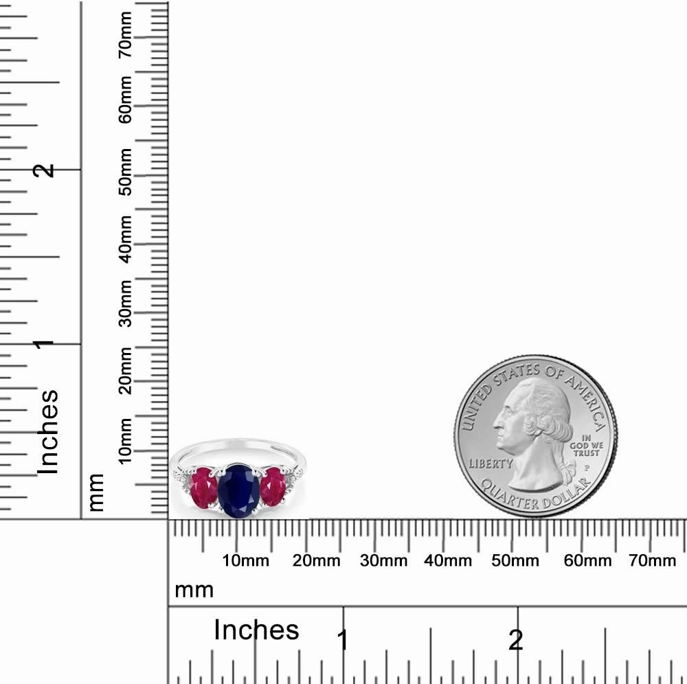 Gem Stone King 10K White Gold Oval 8X6MM Blue Sapphire 6X4MM Red Ruby and Diamond Accent 3-Stone Engagement Ring | 3.04 Cttw | 3 Stone Wedding Anniversary Promise Ring For Women