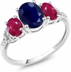 Gem Stone King 10K White Gold Oval 8X6MM Blue Sapphire 6X4MM Red Ruby and Diamond Accent 3-Stone Engagement Ring | 3.04 Cttw | 3 Stone Wedding Anniversary Promise Ring For Women