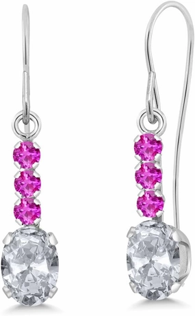 Gem Stone King 10K White Gold White Topaz and Pink Sapphire Drop Dangle Earrings For Women (1.40 Cttw, Gemstone November Birthstone, Oval 6X4MM)