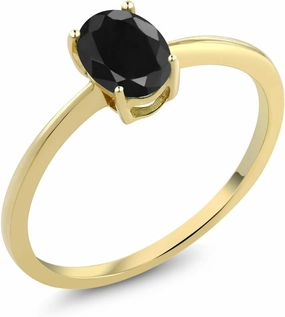 Gem Stone King 10K Yellow Gold Black Sapphire Solitaire Engagement Ring For Women | 1.07 Cttw | Gemstone Birthstone | Oval 7X5MM | Wedding Anniversary Promise Ring For Women