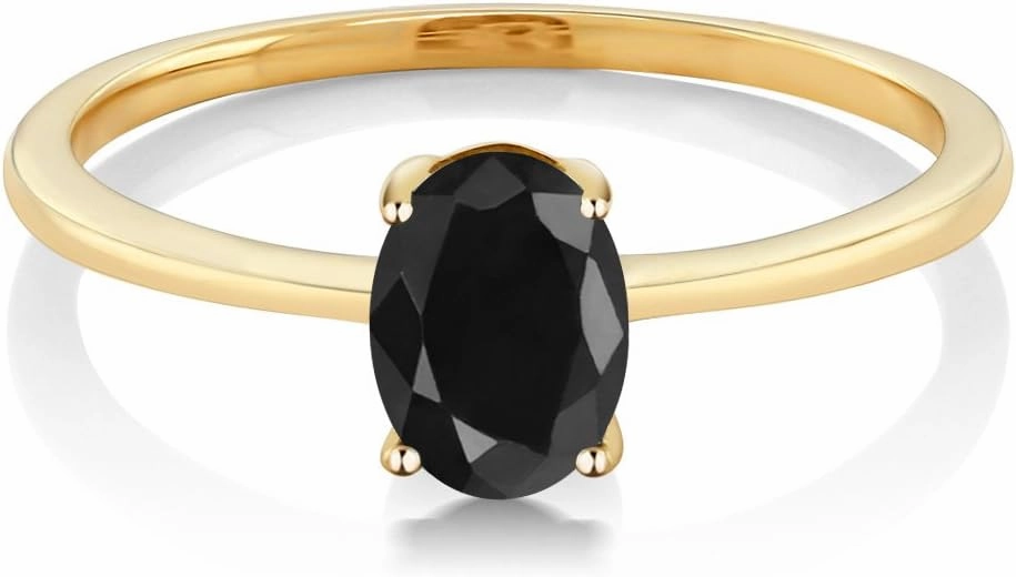 Gem Stone King 10K Yellow Gold Black Sapphire Solitaire Engagement Ring For Women | 1.07 Cttw | Gemstone Birthstone | Oval 7X5MM | Wedding Anniversary Promise Ring For Women