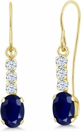 Gem Stone King 10K Yellow Gold Blue Sapphire and White Created Sapphire Drop Dangle Earrings For Women 1.34 Cttw, Gemstone September Birthstone, Oval 6X4MM