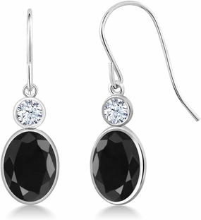 Gem Stone King 14K White Gold Black Sapphire and White Zirconia Hook French Fish Ear Wire Dangle Earrings For Women (3.54 Cttw, Gemstone September Birthstone, Oval 8X6MM, Round 3MM)