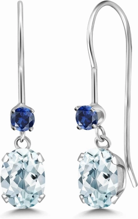 Gem Stone King 14K White Gold Sky Blue Aquamarine and Blue Created Sapphire French Wire Dangle Earrings For Women (0.96 Cttw, Gemstone March Birthstone, Oval 6X4MM and Round 2.5MM)