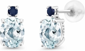 Gem Stone King 14k White Gold Sky Blue Aquamarine and Blue Sapphire Earrings For Women (2.4Cttw, GemstoneMarch Birthstone, Oval 8X6MM, Round 2.5MM)