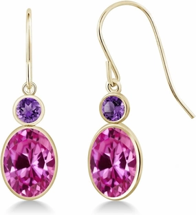 Gem Stone King 14K Yellow Gold Pink Created Sapphire and Purple Amethyst Hook French Fish Ear Wire Dangle Earrings For Women (3.50 Cttw, Gemstone September Birthstone, Oval 8X6MM, Round 3MM)