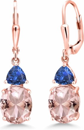 Gem Stone King 18K Rose Gold Plated Silver Peach Nano Morganite and Blue Created Sapphire Dangle Earrings For Women (5.72 Cttw, Gemstone October Birthstone, Oval 10X8MM, Trillion 5MM)