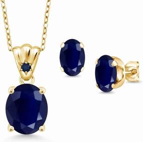 Gem Stone King 18K Yellow Gold Plated Silver Blue Sapphire Pendant and Earrings Jewelry Set For Women (8.14 Cttw, Gemstone Birthstone, Oval 11X9MM and 8X6MM with 18 Inch Silver Chain)